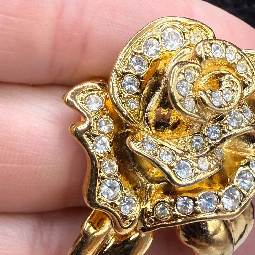 Vintage Avon Rhinestone Flower Brooch Rose Passion Gold Tone